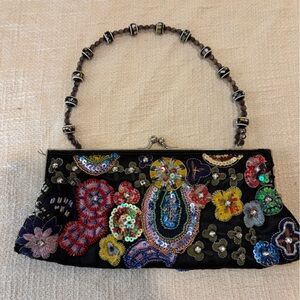 Le Régale Embroidered Floral Beaded Clutch with Beaded Strap & Clasp Close